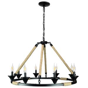 Hinnes 8-Light Black Steel Frame Gothic Wagon Wheel Chandelier with Vintage Rope Decor