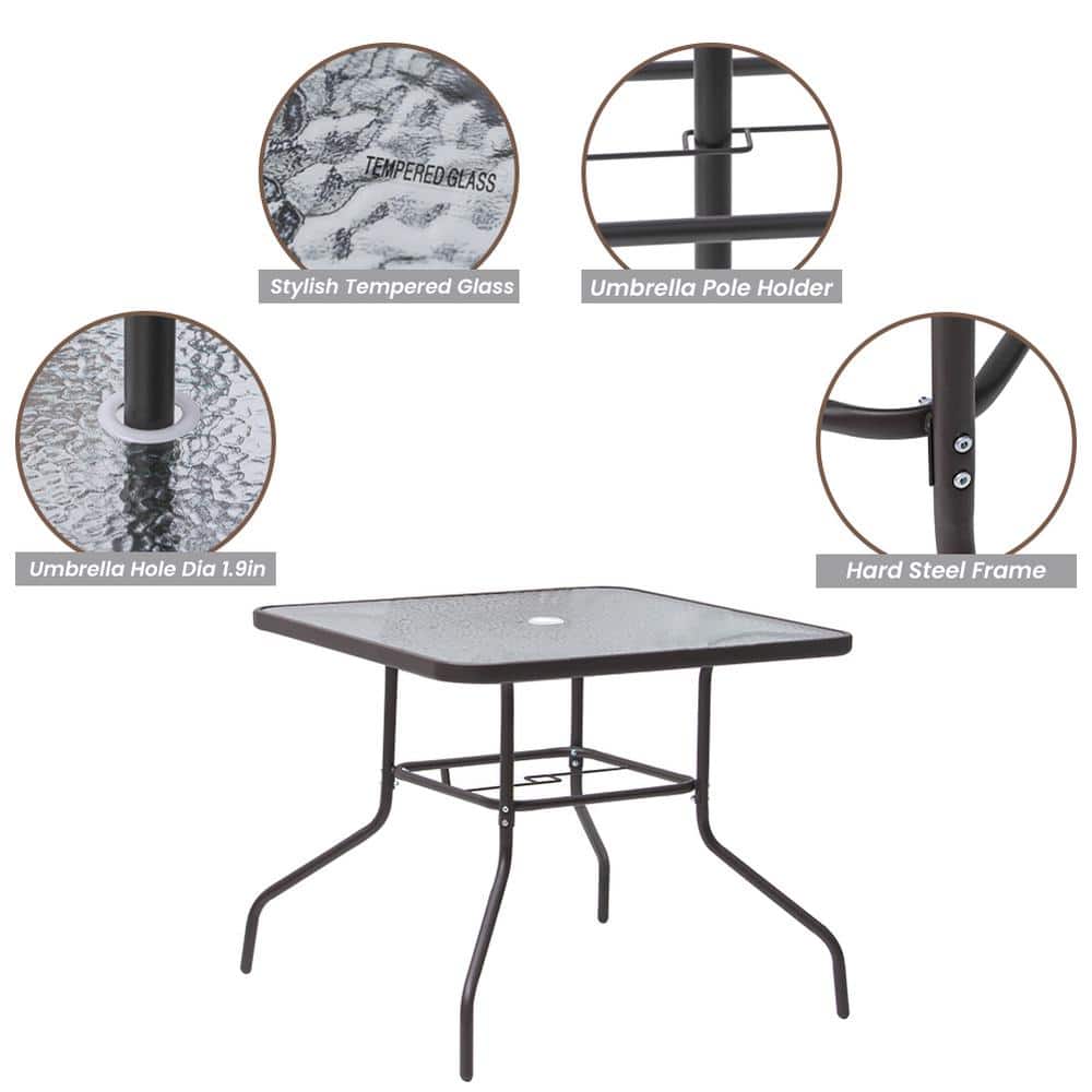 6-Piece Brown Steel and Glass Outdoor Dining Set with Tan Umbrella