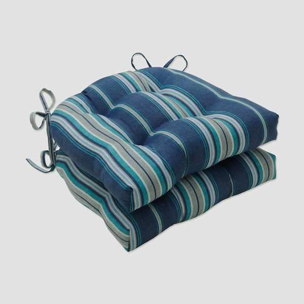 Pillow Perfect Striped 16 x 15.5 Outdoor Dining Chair Cushion in Blue/Grey/Off-White (Set of 2)