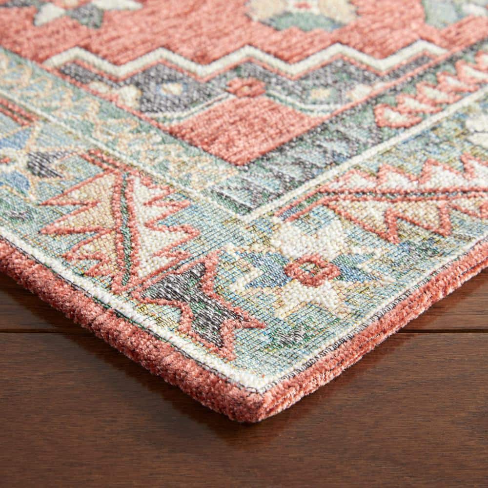 Coral and Gray Rectangular Washable Cotton Kitchen Mat