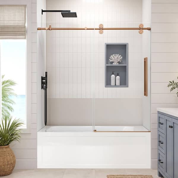 56-60 in. W x 58 in. H Single Sliding Frameless Tub Door in Oil Rubbed Bronze with Nano-Coated Easy-Clean Clear Glass