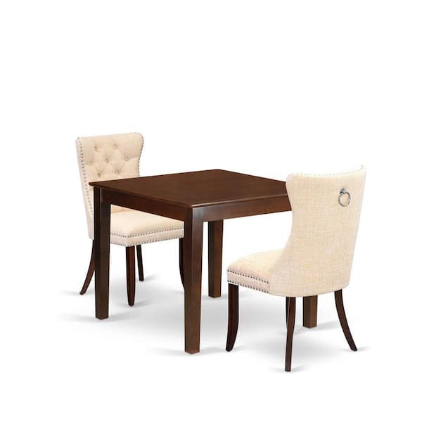 East West Furniture 3-Piece Mahogany Finish Square Solid Wood Top Dining Table Set