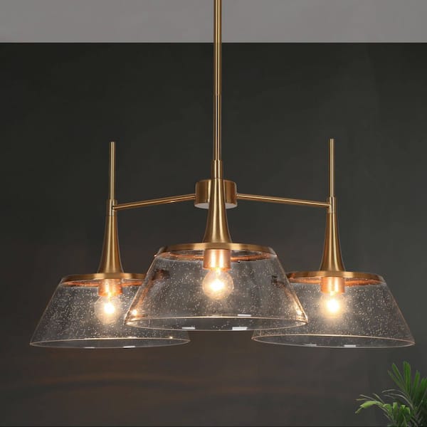 LNC Quoridan Plated Brass Modern Chandelier with Clear Seedy Glass 3-Light Geometric Hanging Pendant for Kitchen Dining Room