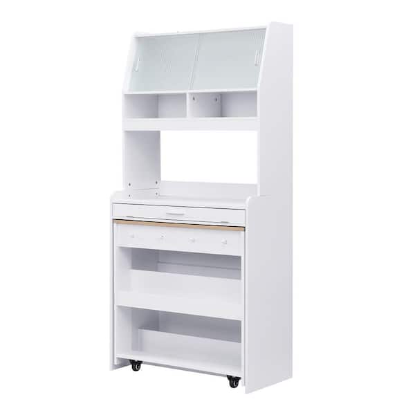 Modern Multi-Functional White and Light Brown Wood 33.5 in. Buffet with Hutch and Foldable Dining Table