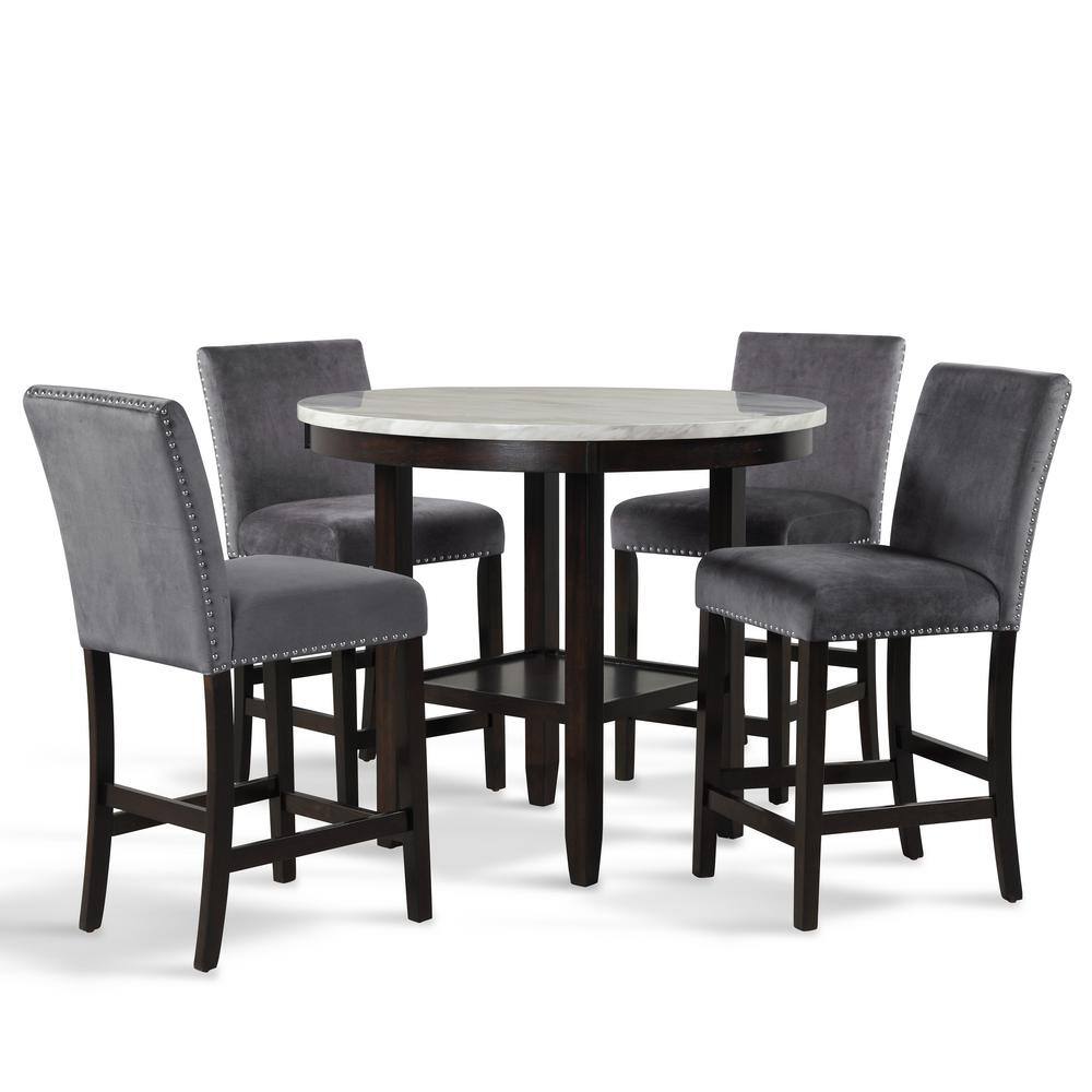 NEW CLASSIC HOME FURNISHINGS Celeste 5-Piece Solid Wood Table Set with 42 in. Round Counter Table and 4-Stools, Gray and Espresso, Gray/ Expresso -  41-400-GYRC4C