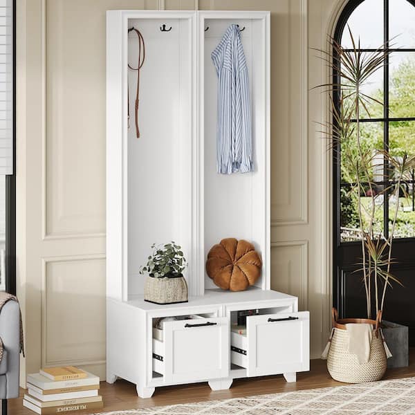 Freestanding 3-in-1 White Hall Tree Set of 2 with Coat Hooks, Storage Drawers, and Bench for Entryway or Living Room