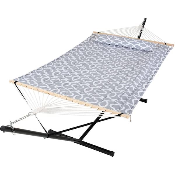 Atesun 12 ft. Free Standing, 475 lbs. Capacity, Heavy-Duty 2-Person Hammock with Stand and Detachable Pillow in Grey