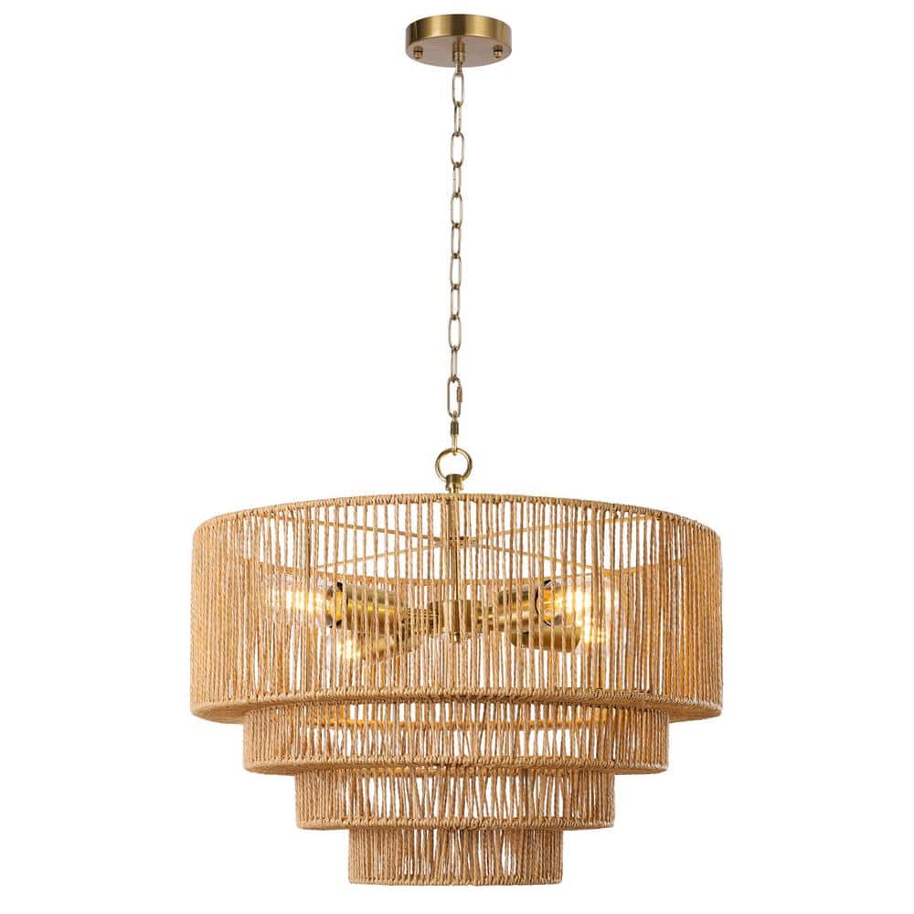 19.7 in. 4-Light 4-Tier Gold Hand-Woven Rattan Chandelier with Closed Weave Shade price history on PriceWatchPro