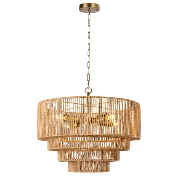 LamQee 19.7 in. 4-Light 4-Tier Gold Hand-Woven Rattan Chandelier with Closed Weave Shade