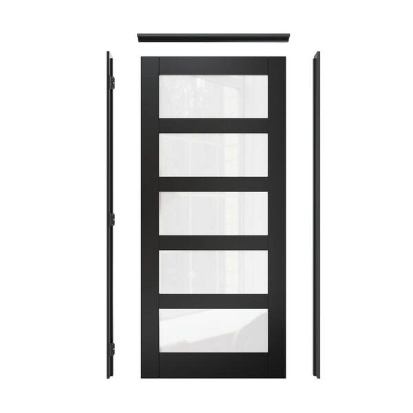 36 in. x 80 in. 5-Lite Frosted Glass Right-Hand Black Solid Core Wood Assembly Required Single Interior Door with Jamb