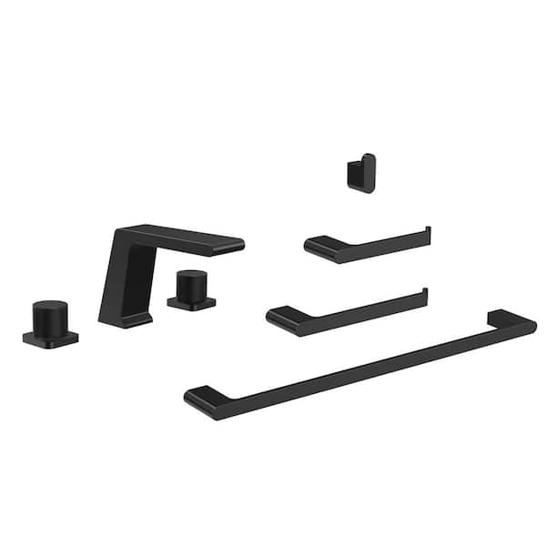 GRANDJOY Morvix Waterfall 8 in. Widespread Double Handle Bathroom Faucet and Towel Rack Set in Matte Black Drain Not Included