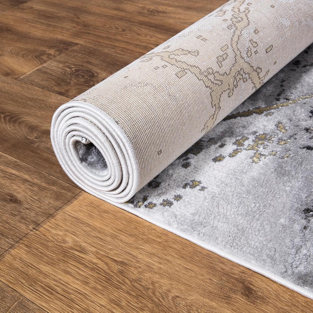 Gray and White Marble Abstract Area Rug with Gold Accents