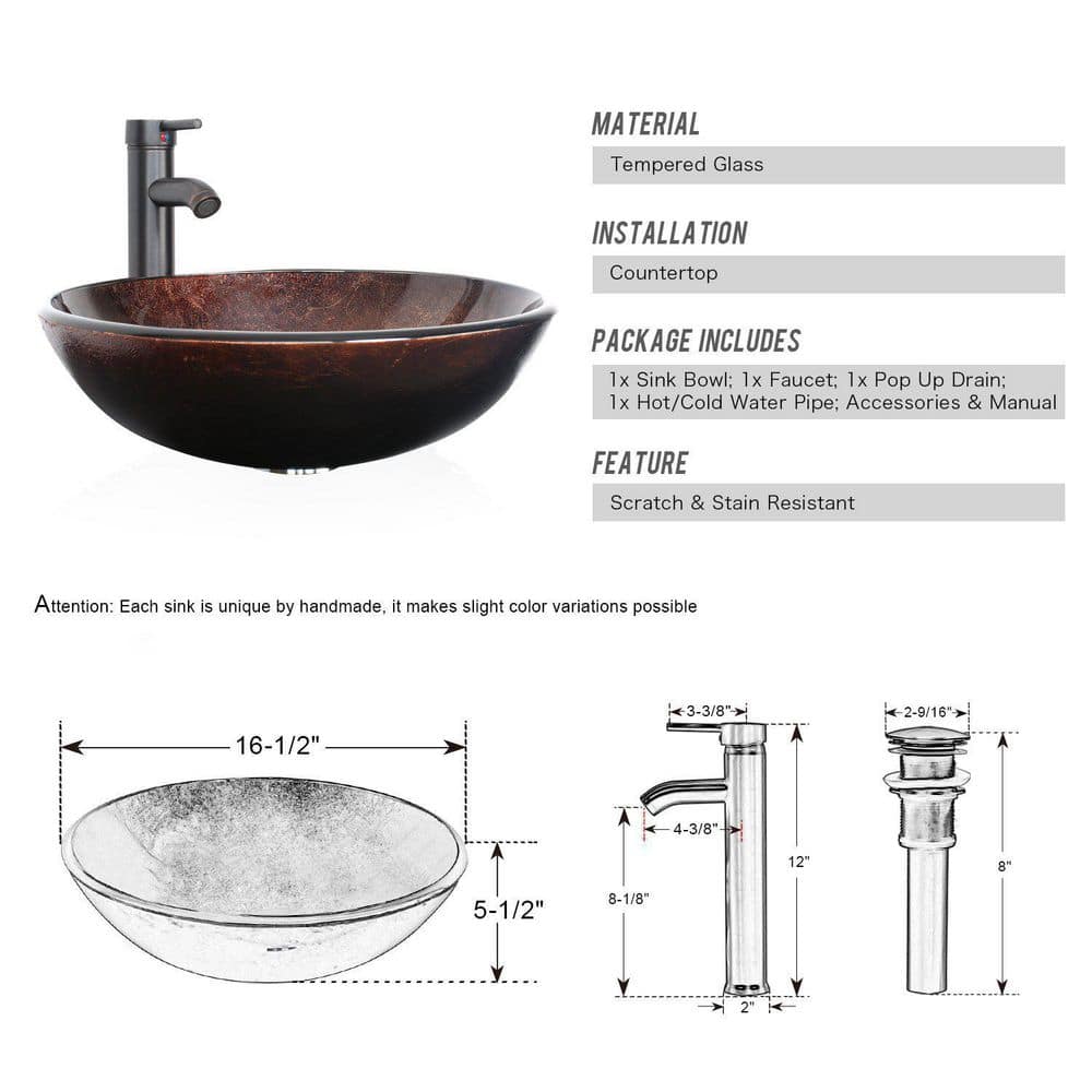 16.5" Brown Tempered Glass Round Vessel Sink with Faucet