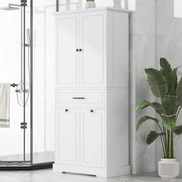BAYA 31 in. W x 16 in. D x 73 in. H White Bathroom Freestanding Linen Cabinet with Adjustable Shelves, Laundry Hamper