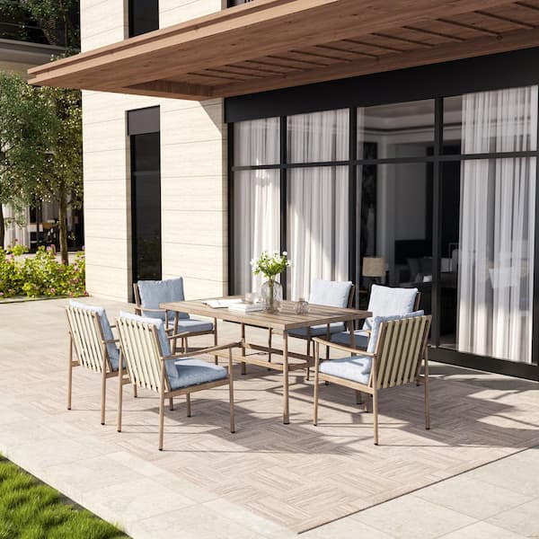 EGEIROSLIFE SleekLine 6-Piece Aluminum Outdoor Patio Dining Chairs with Blue Cushions