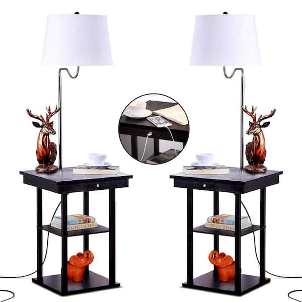 Madison 56 in. Classic Black/White Shade Modern LED Bedside Table Lamp with Empire Shade and Built-In USB Port (2-Pack)