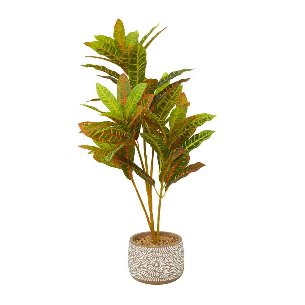 Litton Lane 30 in. H Crotons Artificial Plant with Realistic Leaves and Floral Patterned Pot