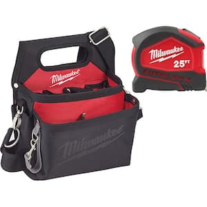 15-Pocket Electricians Tool Pouch with Quick Adjust Belt and 25 ft. Compact Auto Lock Tape Measure