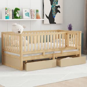 Natural Twin Size Daybed with Detachable Fence and 2-Drawers