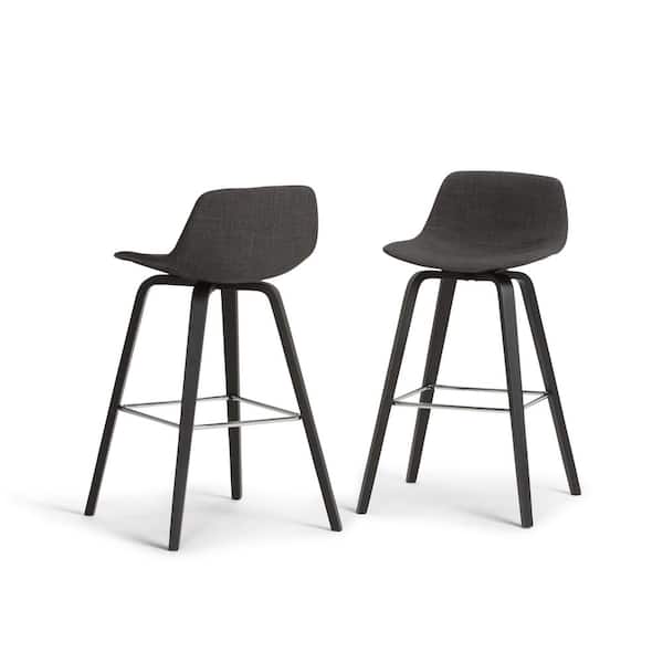 Simpli Home Randolph 36.61 in. H Charcoal Grey, Black Linen Look Fabric Mid Century Modern Bentwood Counter Height Stool (Set of 2)