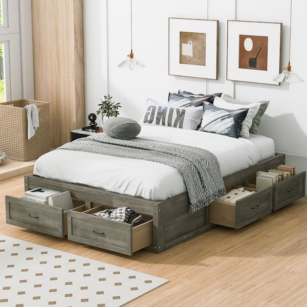 Antique Gray Wood Frame Full Size Retro Platform Bed with 6 Storage Drawers