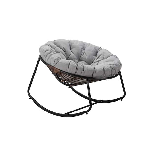 Unbranded Dark Gray Frame Metal Outdoor Rocking Chair, Patio Wicker Egg Chair with Light Gray Cushion, for Backyard, Patio, Garden