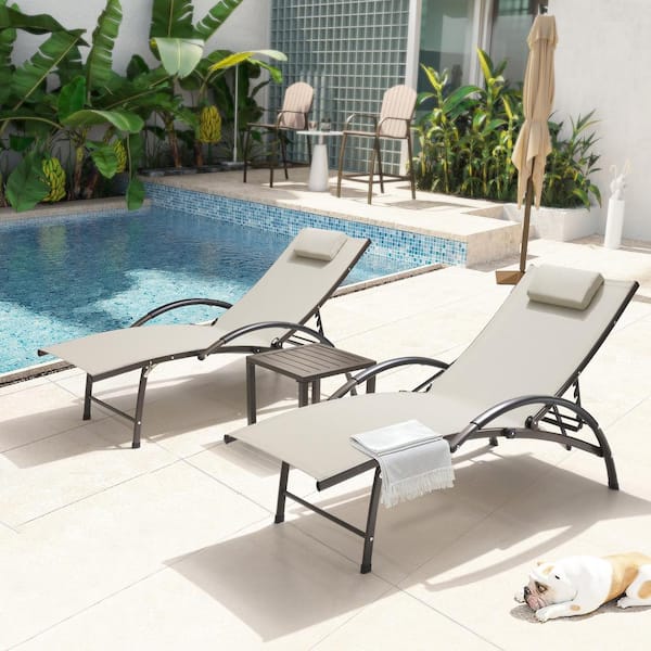 Pellebant 3-Piece Aluminum Adjustable Outdoor Chaise Lounge in Tan with Headrest and Aluminum Side Table