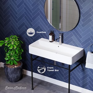 Carre 36 in. Ceramic Console Sink White Basin Black Legs