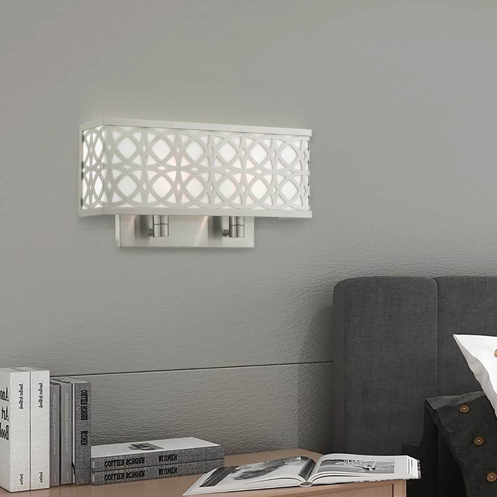Brushed Nickel 2-Light Wall Sconce with Off-White Shade