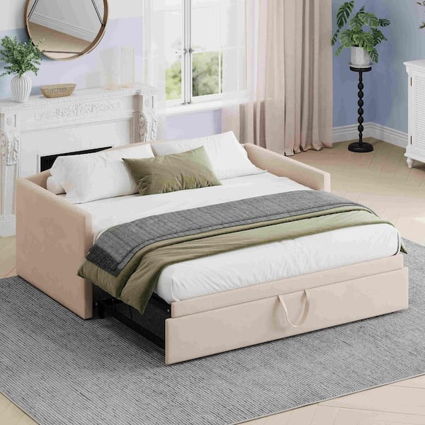 Beige Twin Size Daybed with Extended Pop Up Trundle