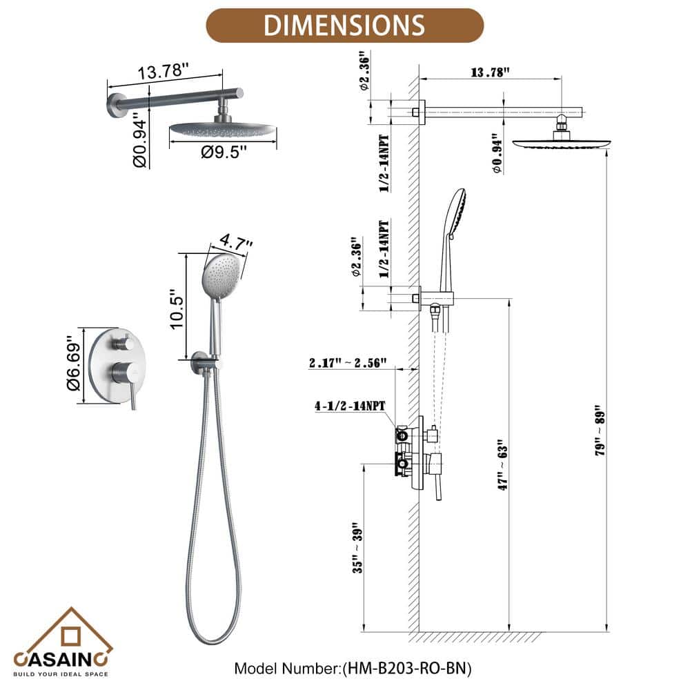 Brushed Nickel Wall Mounted Rain Shower System with Handheld