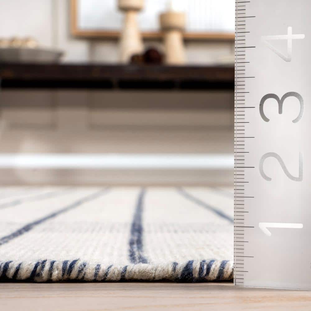 Ivory and Blue Striped Wool Fringe Area Rug 2' x 3'