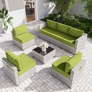 7-Piece Wicker Patio Outdoor LoungeChairs Sectional Conversation Set with 5 in. High Resiliency Seat Cushion Grass Green