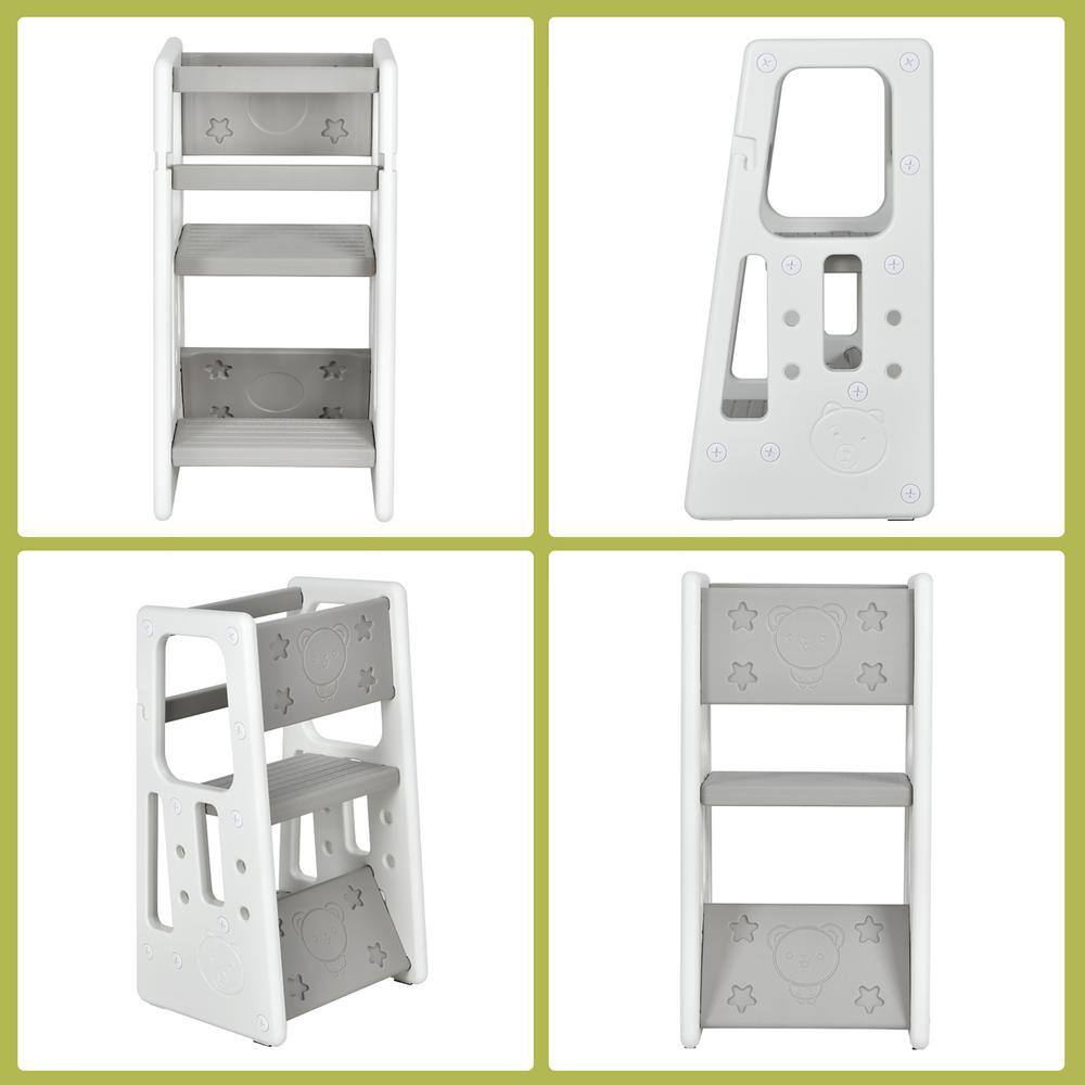 Adjustable Gray Toddler Kitchen Helper Step Stool with Safety Rails