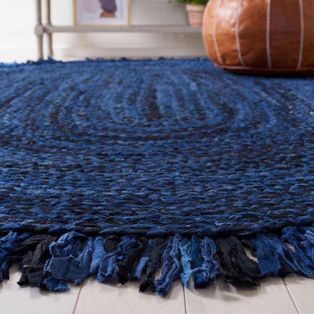 Navy and Black Oval Braided Cotton 6' x 9' Rug