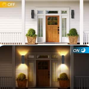 Black Outdoor Hardwired Cylinder Lantern Scone with Integrated LED Wall Light Up Down Lights (2-Pack)