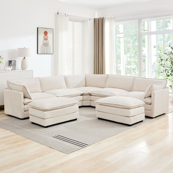 113.4 in. W 5-Piece Modern Corduroy Fabric Sectional Sofa with Ottoman in. Beige