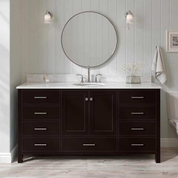 ARIEL Cambridge 67 in. W x 22 in. D x 36 in. H Bath Vanity in Espresso with Carrara White Marble Top with White Basin