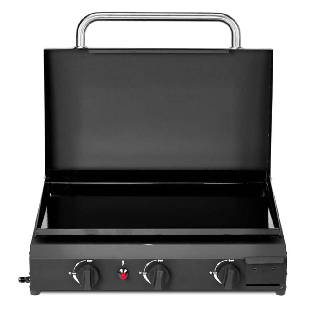 30,000 BTU Propane Fuelled Griddle Station with Ceramic Coated Cast Iron Pan for Backyard Cookout, 3-Burner Cooker