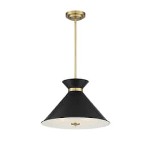 Lamar 18 in. W x 11 in. H 3-Light Matte Black with Warm Brass Accents Shaded Pendant Light with Glass Shade