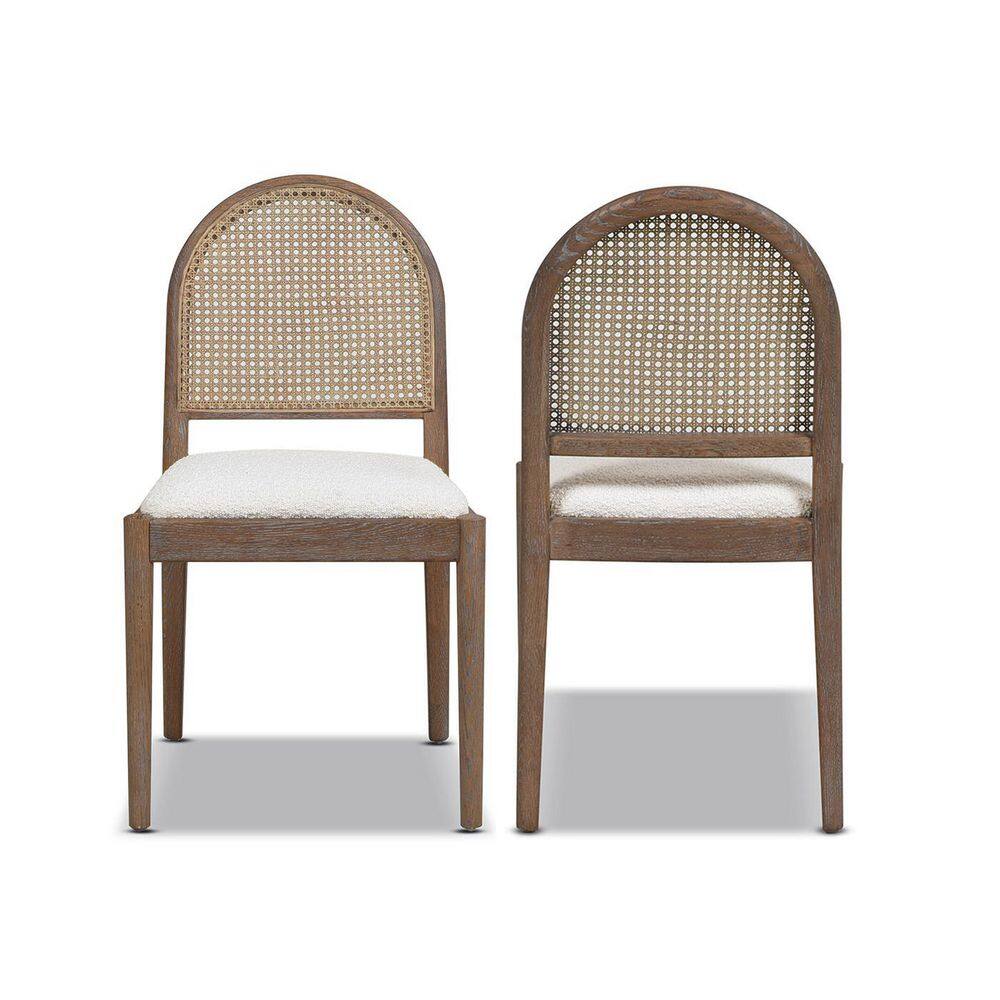 Ivory White Boucle Rattan Cane Side Dining Chair Set of 2
