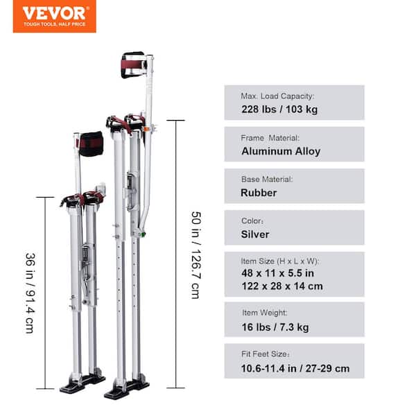 VEVOR Drywall Stilts 36 in. - 50 in. Adjustable Aluminum Tool Stilts Durable and Non-slip Work Stilts
