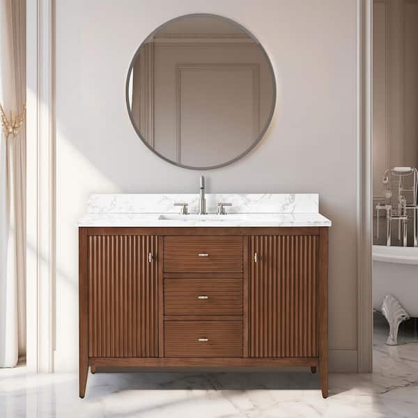 48 in. W x 22 in D x 38 in. H Single Sink Bath Vanity Cabinet in Linear Walnut with White Engineered Marble Top