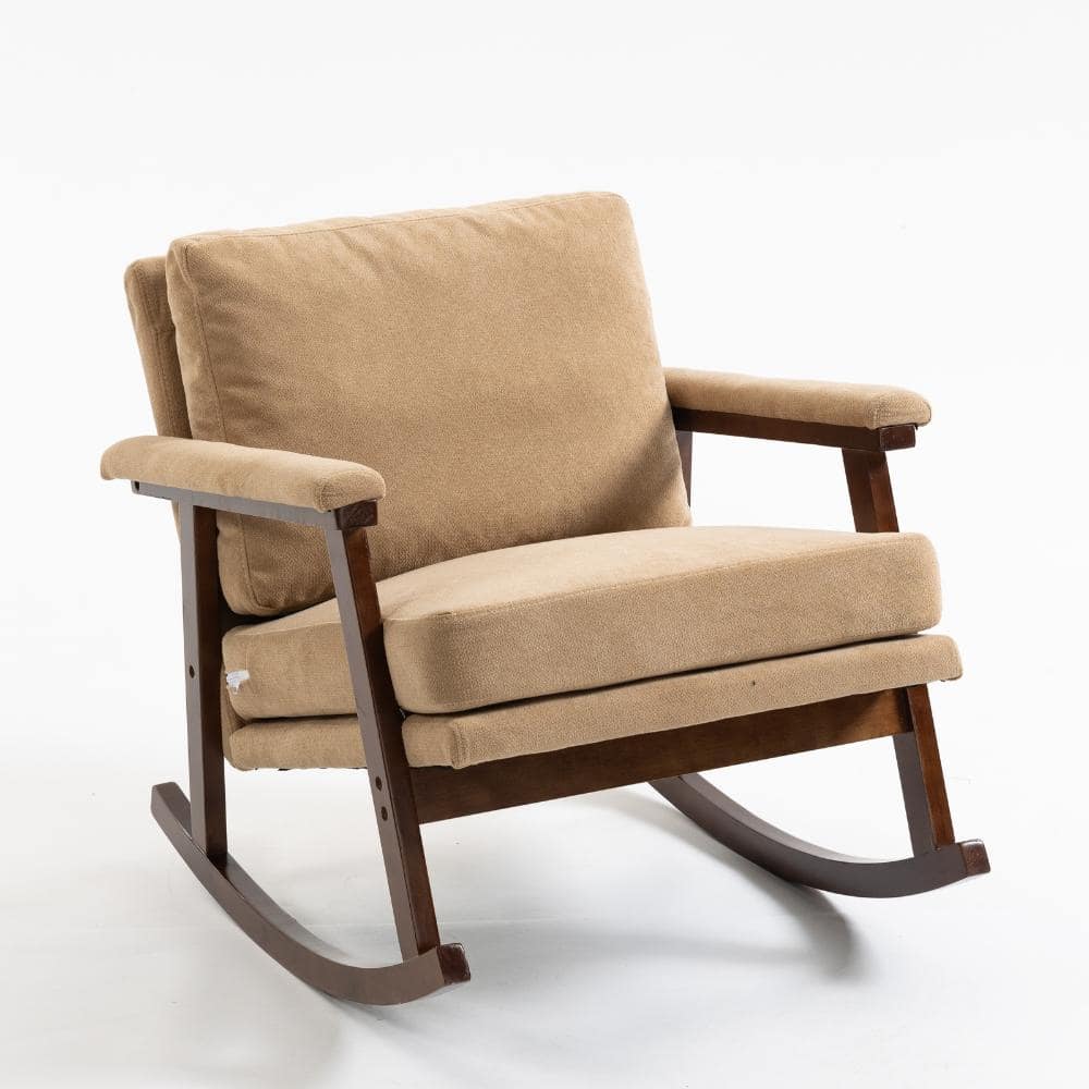 Khaki Velvet Mid-Century Modern Rocking Chair with High-Density Sponge Cushion, Upholstered Armchair for Living Room