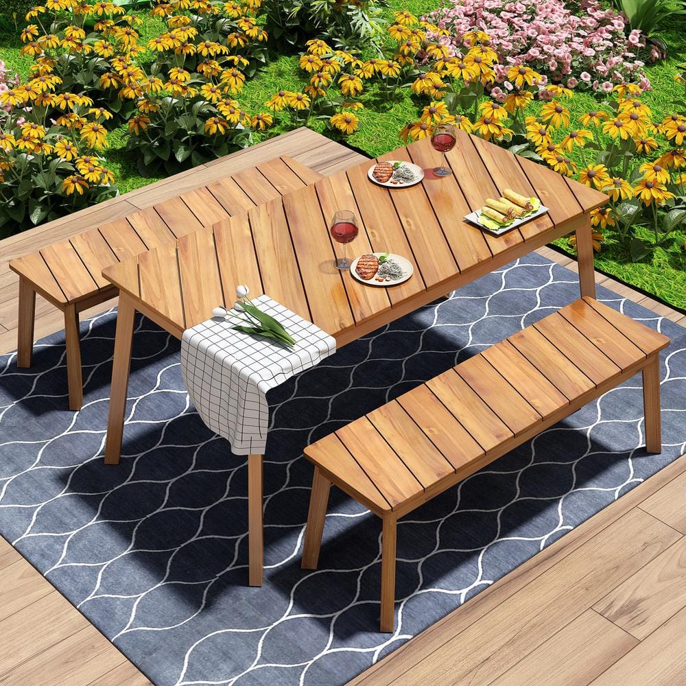 Runesay 3Piece Acacia Wood Rectangle Outdoor Dining Set with Picnic