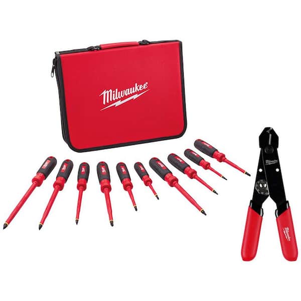 Milwaukee 1000V Insulated Screwdriver Set with Case with 12-24 AWG Adjustable Compact Wire Stripper and Cutter (11-Piece)