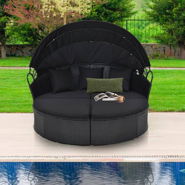 Clamshell Patio Round Daybed Wicker with Retractable Canopy and Pillows Black Costway