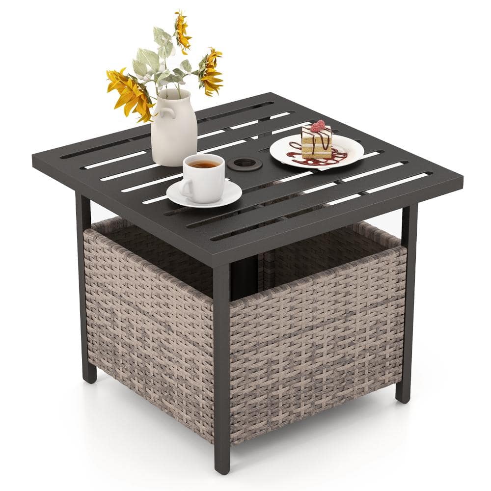 22 in. PE Rattan and Steel Outdoor Side Table with Umbrella Hole and Storage, Gray price history on PriceWatchPro