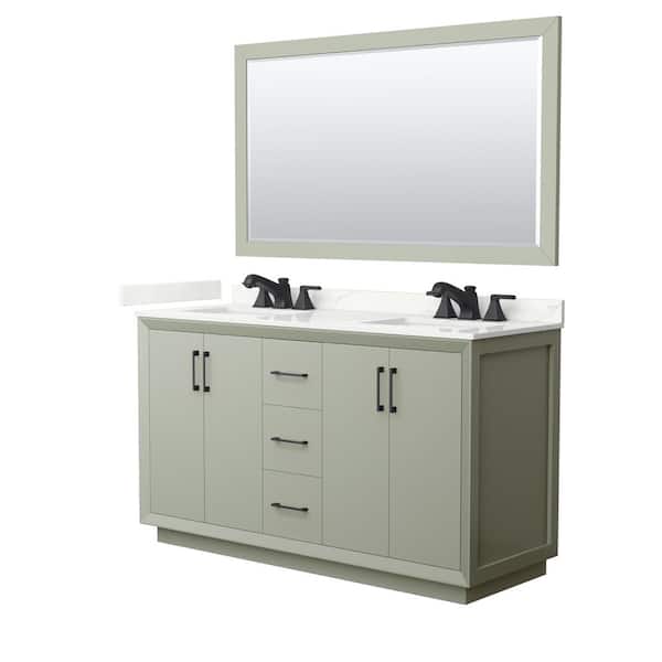 Wyndham Collection Strada 60 in. W x 22 in. D x 35 in. H Double Bath Vanity in Light Green with Giotto Quartz Top and 58 in. Mirror