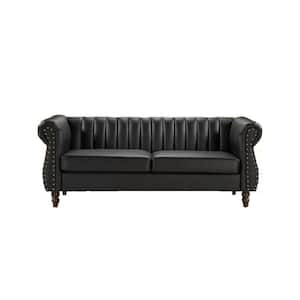 Capri 76.4 in. W Rolled Arm Faux Leather Mid-Century Modern Straight Sofa in Black